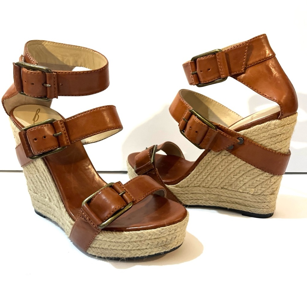 B by BRIAN ATWOOD BFDELICE Brown All Leather Platform Wedge Sandal 7 1/2